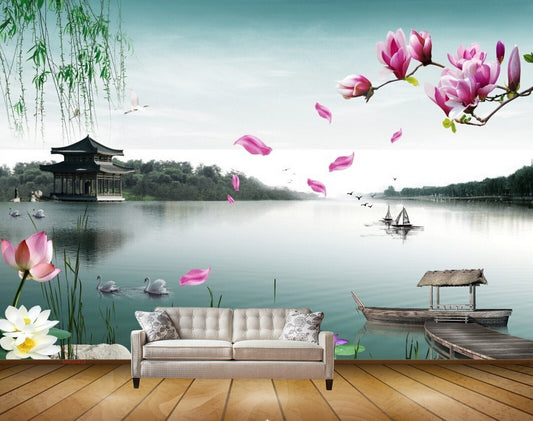 Avikalp MWZ0433 Pink White Flowers Stones River Boat Swans HD Wallpaper