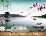 Avikalp MWZ0433 Pink White Flowers Stones River Boat Swans HD Wallpaper