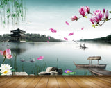 Avikalp MWZ0433 Pink White Flowers Stones River Boat Swans 3D HD Wallpaper