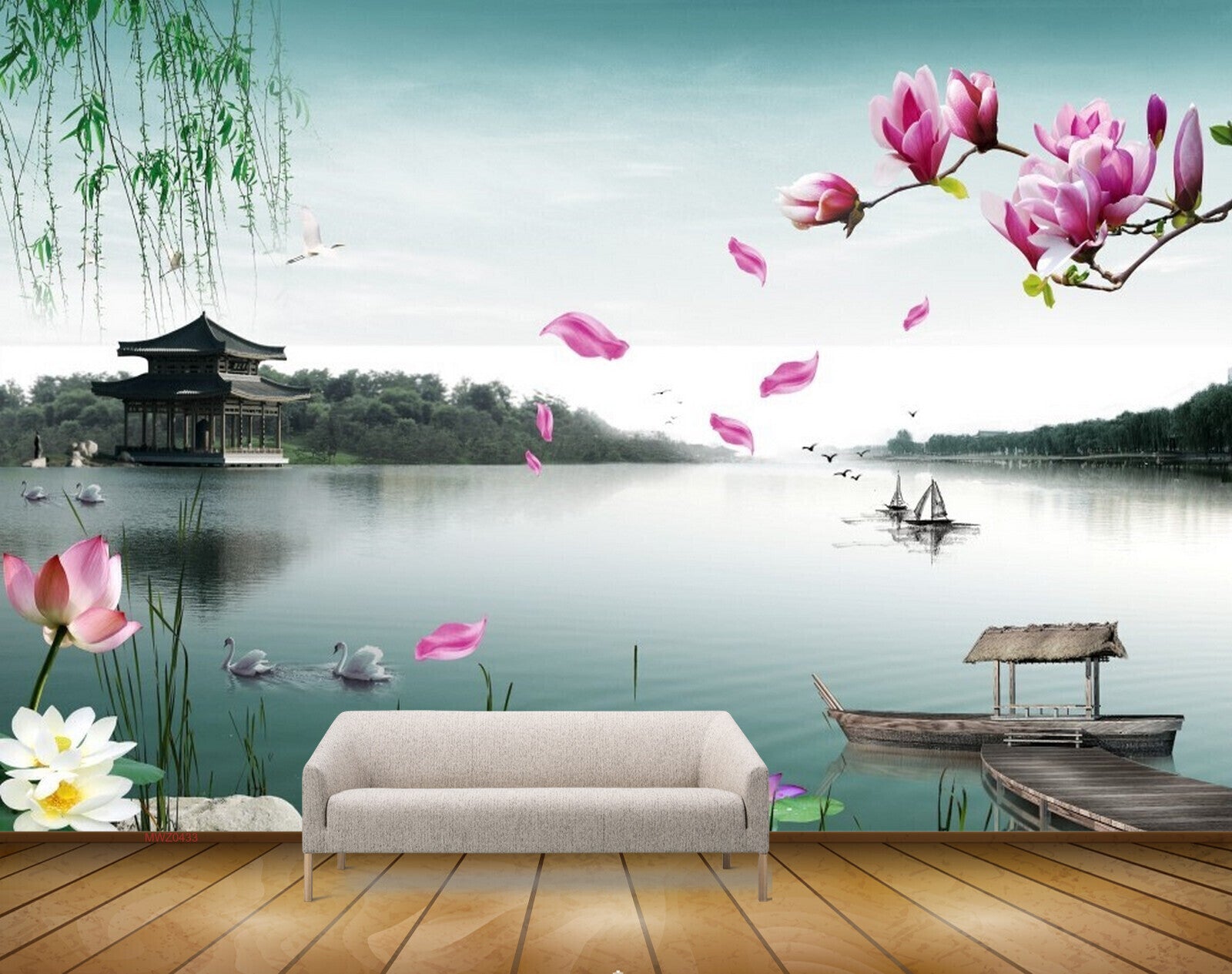 Avikalp MWZ0433 Pink White Flowers Stones River Boat Swans 3D HD Wallpaper