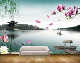 Avikalp MWZ0433 Pink White Flowers Stones River Boat Swans 3D HD Wallpaper