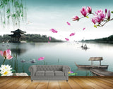 Avikalp MWZ0433 Pink White Flowers Stones River Boat Swans 3D HD Wallpaper