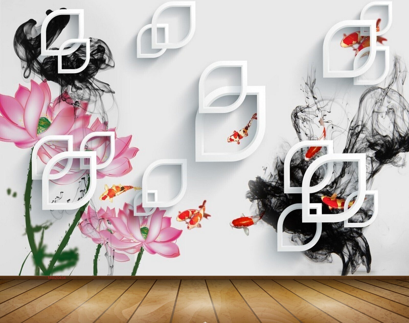Avikalp MWZ0434 Pink Flowers Orange Fishes 3D HD Wallpaper