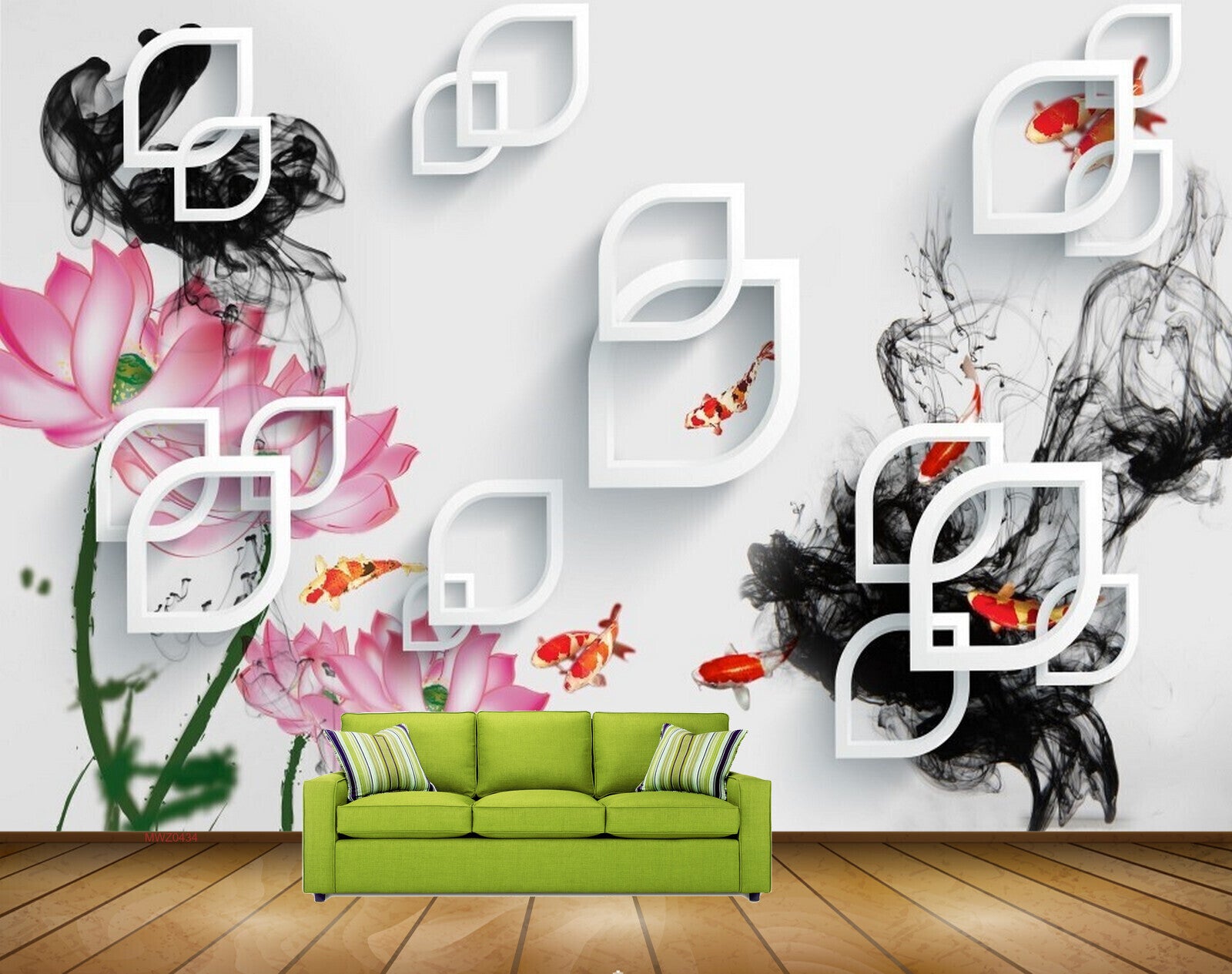 Avikalp MWZ0434 Pink Flowers Orange Fishes 3D HD Wallpaper