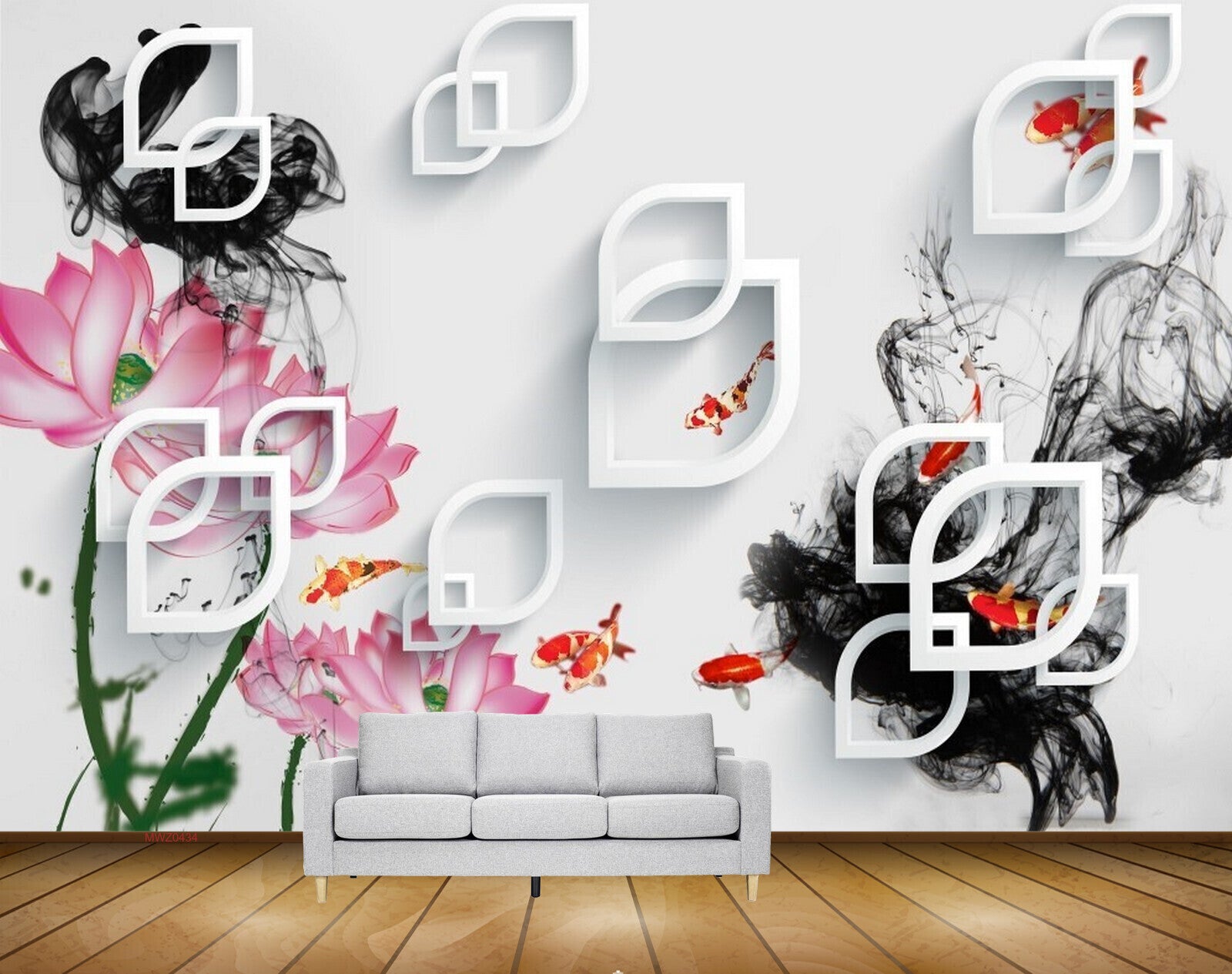 Avikalp MWZ0434 Pink Flowers Orange Fishes 3D HD Wallpaper