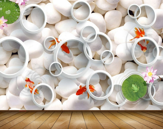 Avikalp MWZ0436 Orange Fishes Pink White Flowers Frog Stones 3D HD Wallpaper