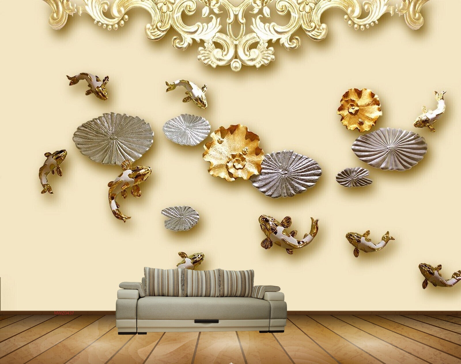 Avikalp MWZ0437 Silver Flowers Gold Fishes HD Wallpaper