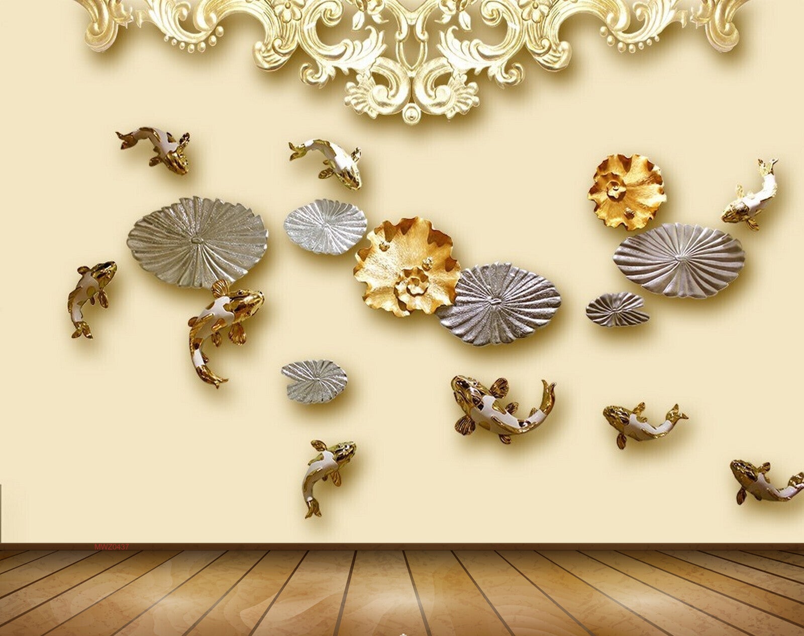 Avikalp MWZ0437 Silver Flowers Gold Fishes 3D HD Wallpaper