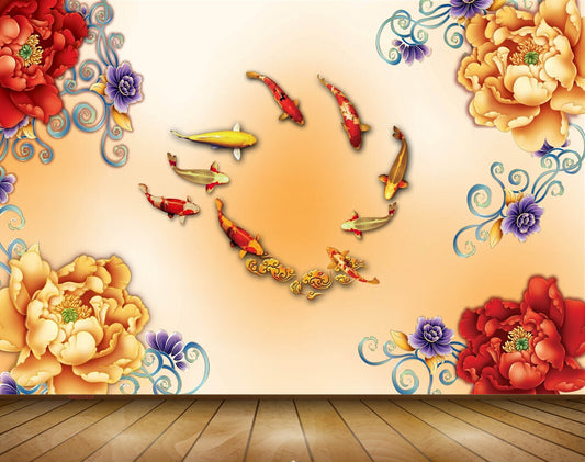 Avikalp MWZ0438 Red Yellow Fishes Flowers 3D HD Wallpaper