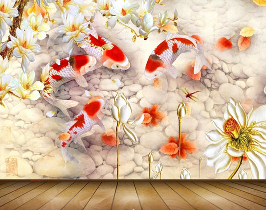 Avikalp MWZ0439 White Red Fishes Flowers Stones 3D HD Wallpaper