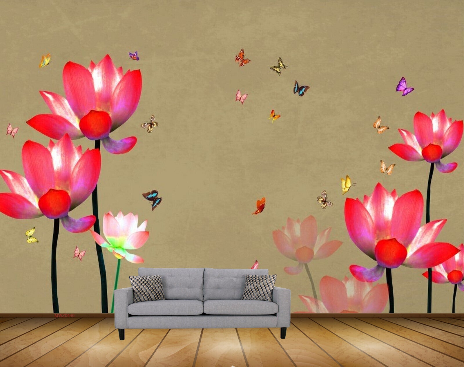 Avikalp MWZ0440 Red Pink Flowers Butterflies 3D HD Wallpaper
