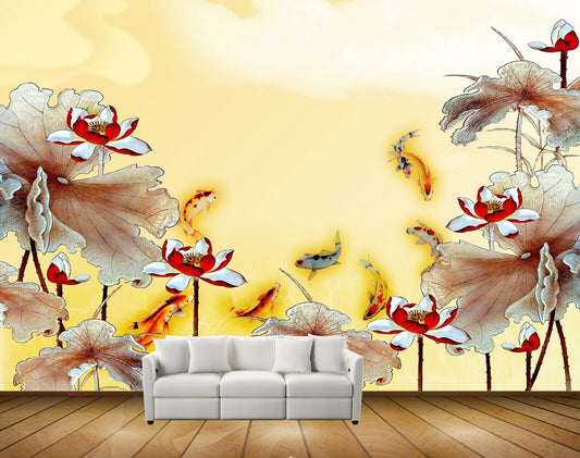 Avikalp MWZ0441 Red White Flowers Leaves Fishes HD Wallpaper