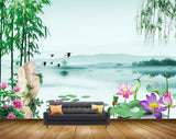 Avikalp MWZ0444 Pink White Lotus Flowers Birds Trees River HD Wallpaper