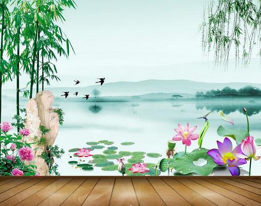 Avikalp MWZ0444 Pink White Lotus Flowers Birds Trees River 3D HD Wallpaper
