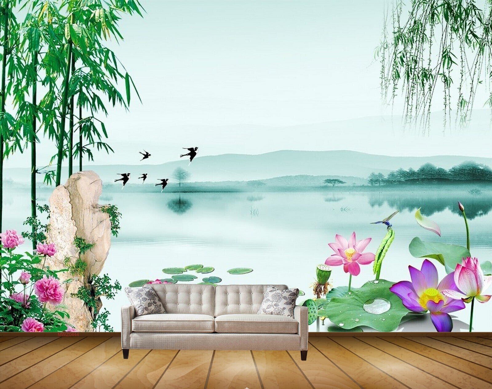 Avikalp MWZ0444 Pink White Lotus Flowers Birds Trees River 3D HD Wallpaper