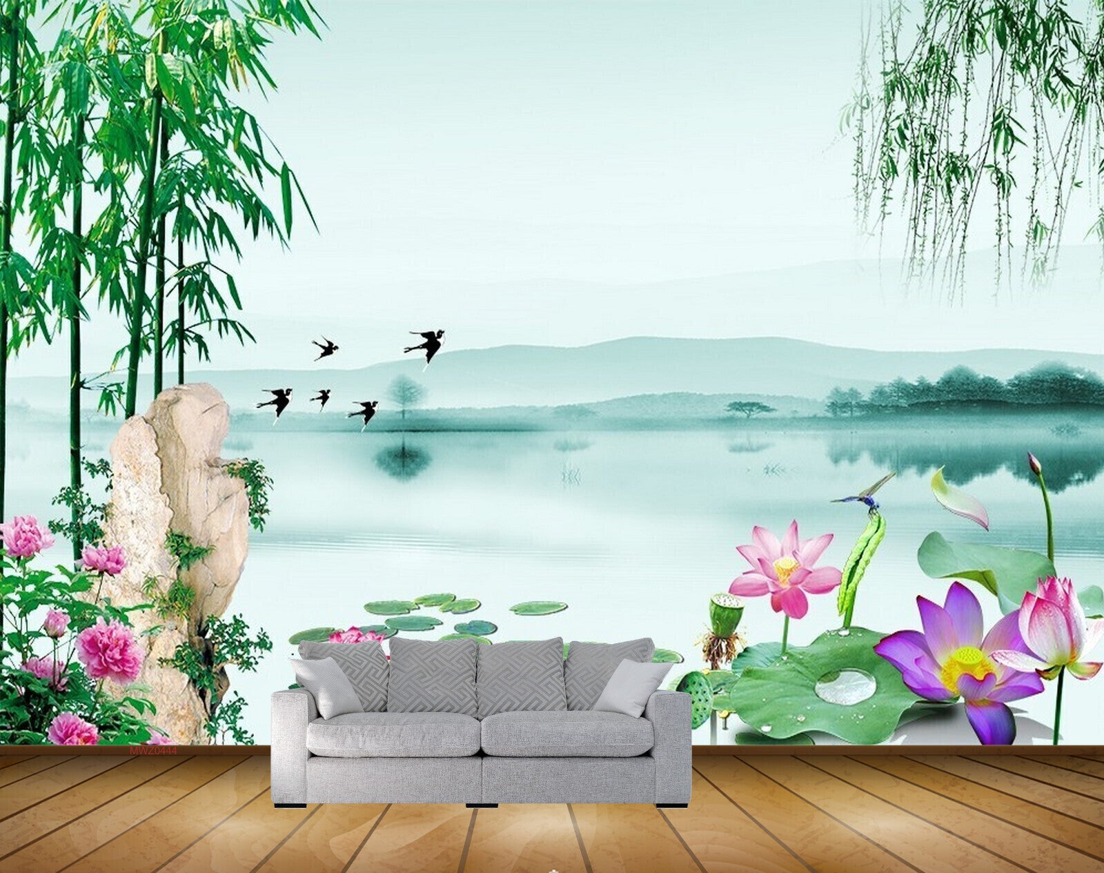 Avikalp MWZ0444 Pink White Lotus Flowers Birds Trees River 3D HD Wallpaper