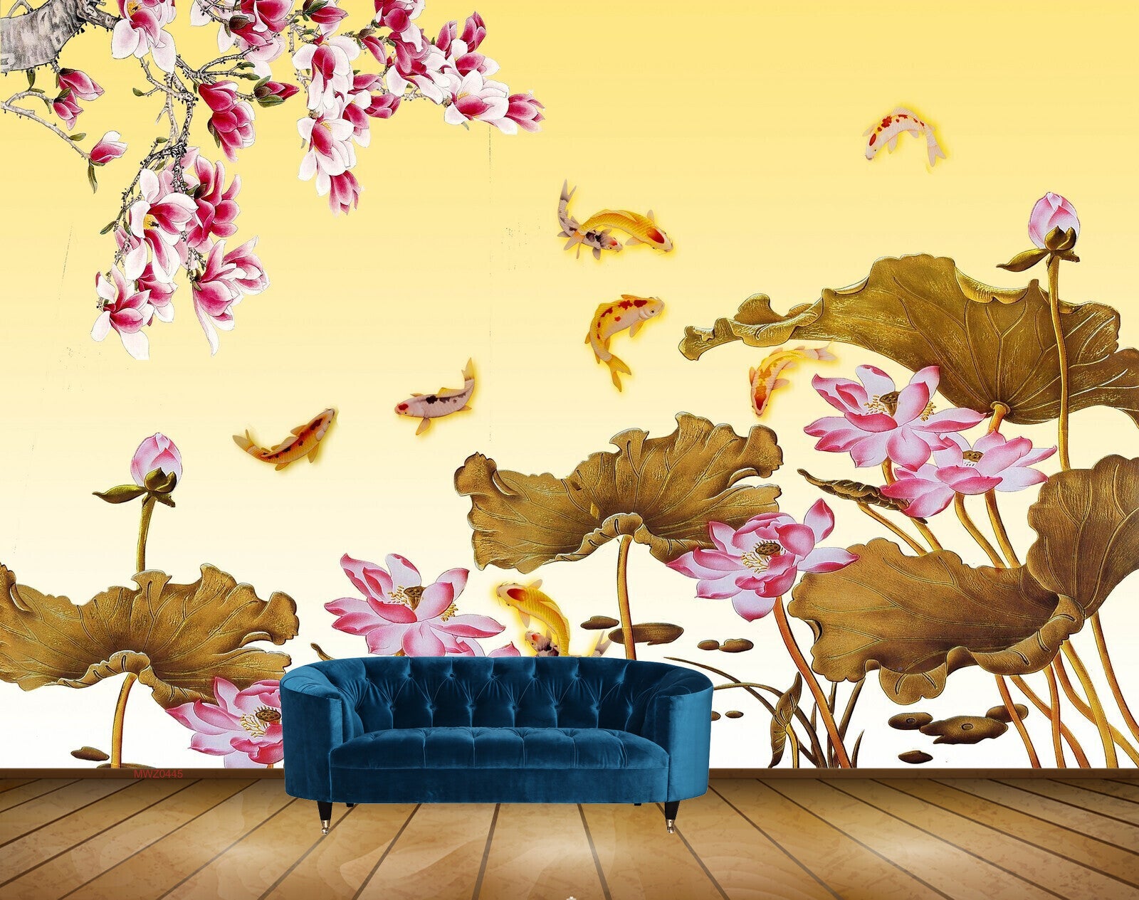 Avikalp MWZ0445 Pink White Flowers Fishes Leaves HD Wallpaper
