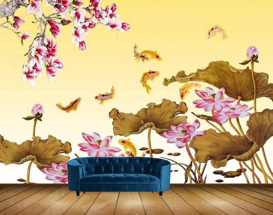 Avikalp MWZ0445 Pink White Flowers Fishes Leaves HD Wallpaper