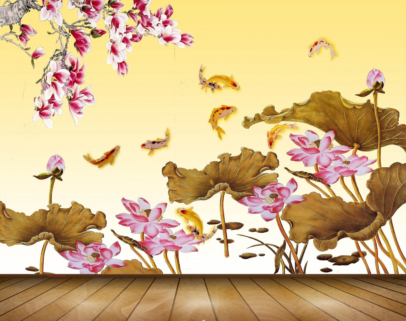 Avikalp MWZ0445 Pink White Flowers Fishes Leaves 3D HD Wallpaper