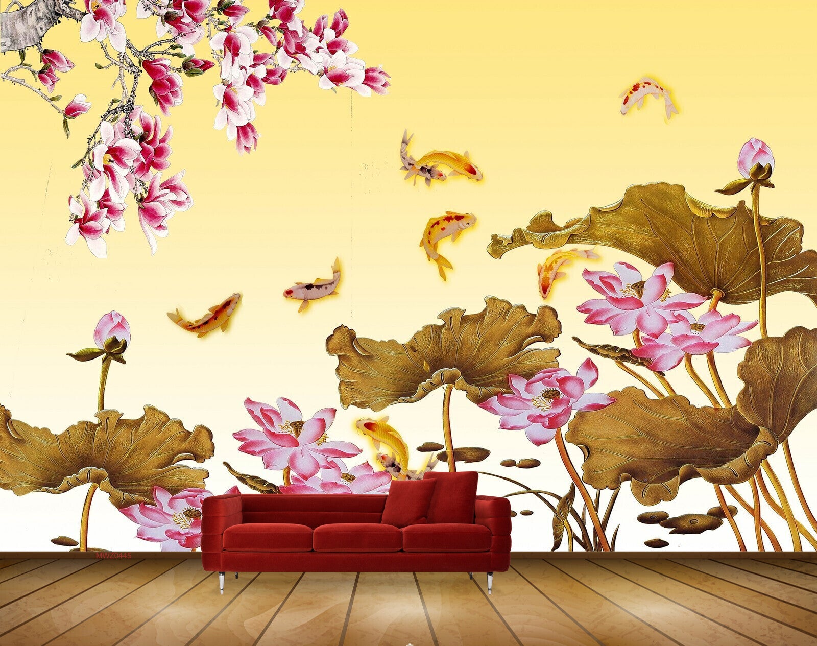 Avikalp MWZ0445 Pink White Flowers Fishes Leaves 3D HD Wallpaper