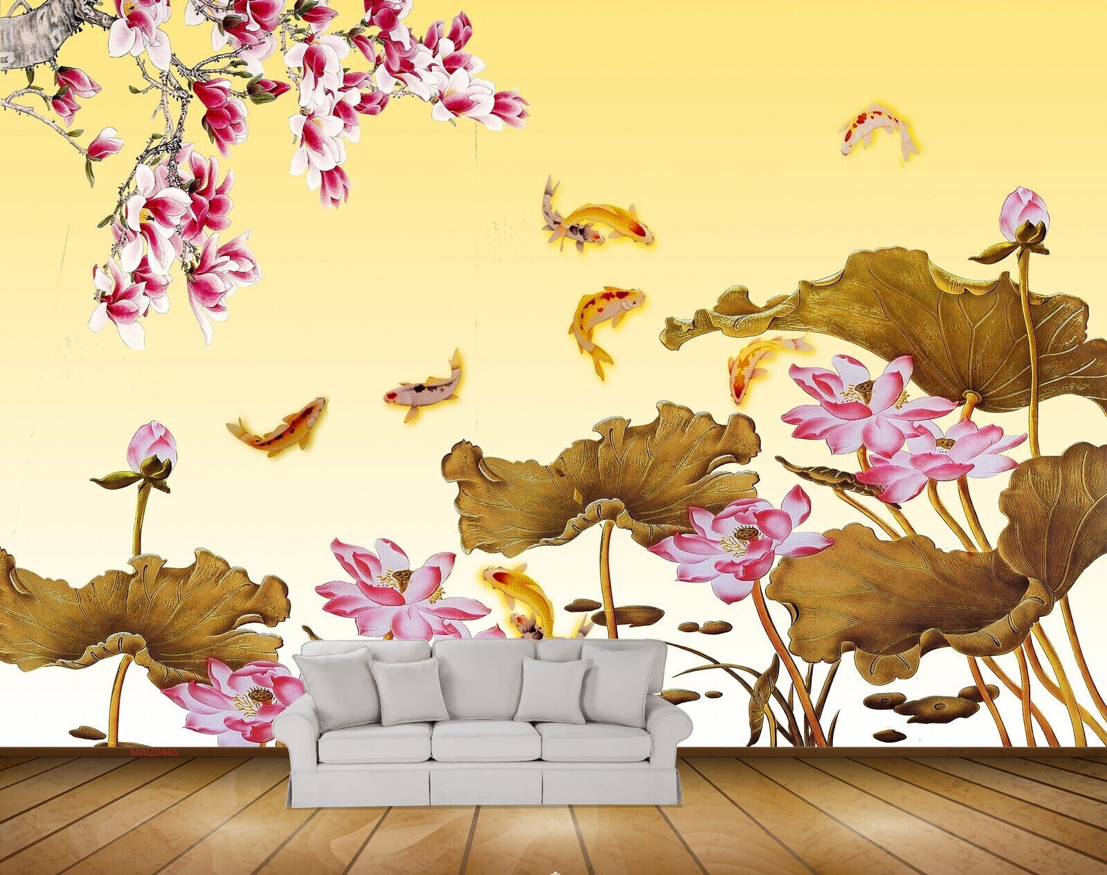 Avikalp MWZ0445 Pink White Flowers Fishes Leaves 3D HD Wallpaper