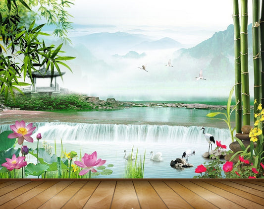Avikalp MWZ0446 Pink Lotus Flowers Swans Birds Fishes Trees 3D HD Wallpaper