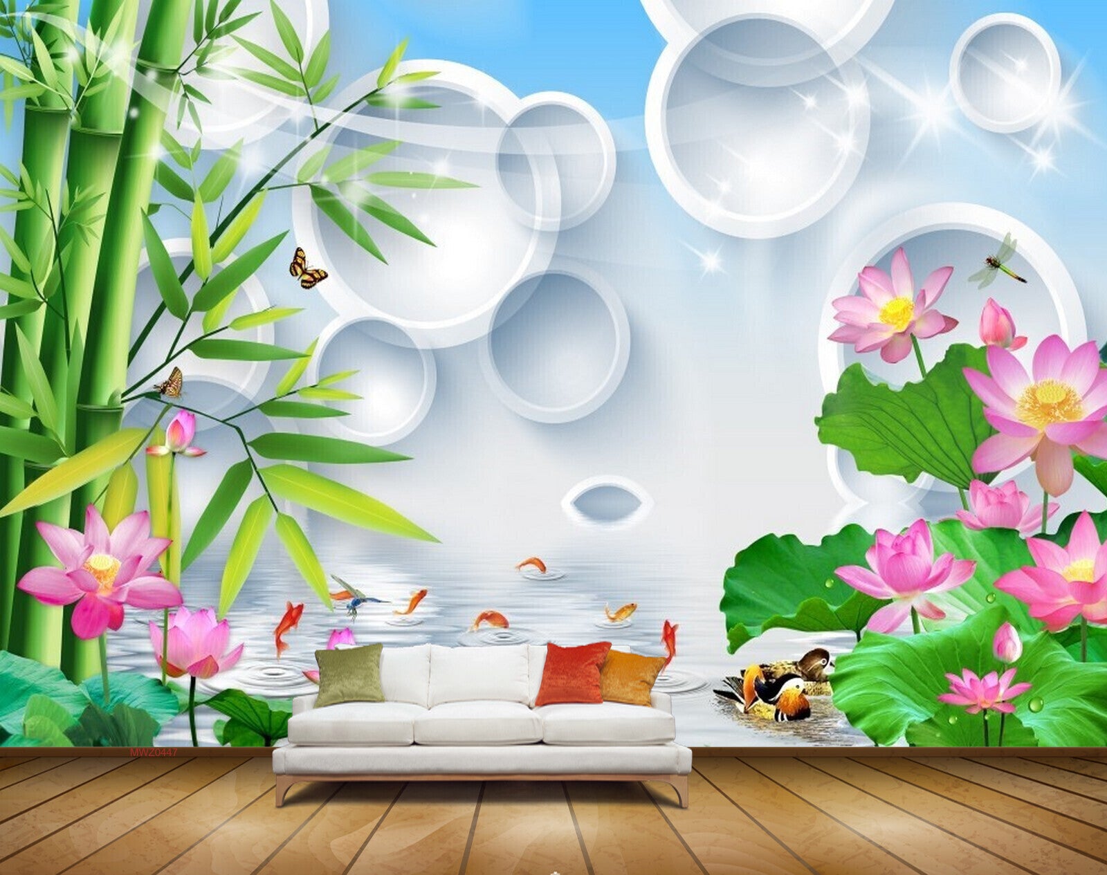 Avikalp MWZ0447 Pink Lotus Flowers Fishes Trees Butterflies Ducks HD Wallpaper