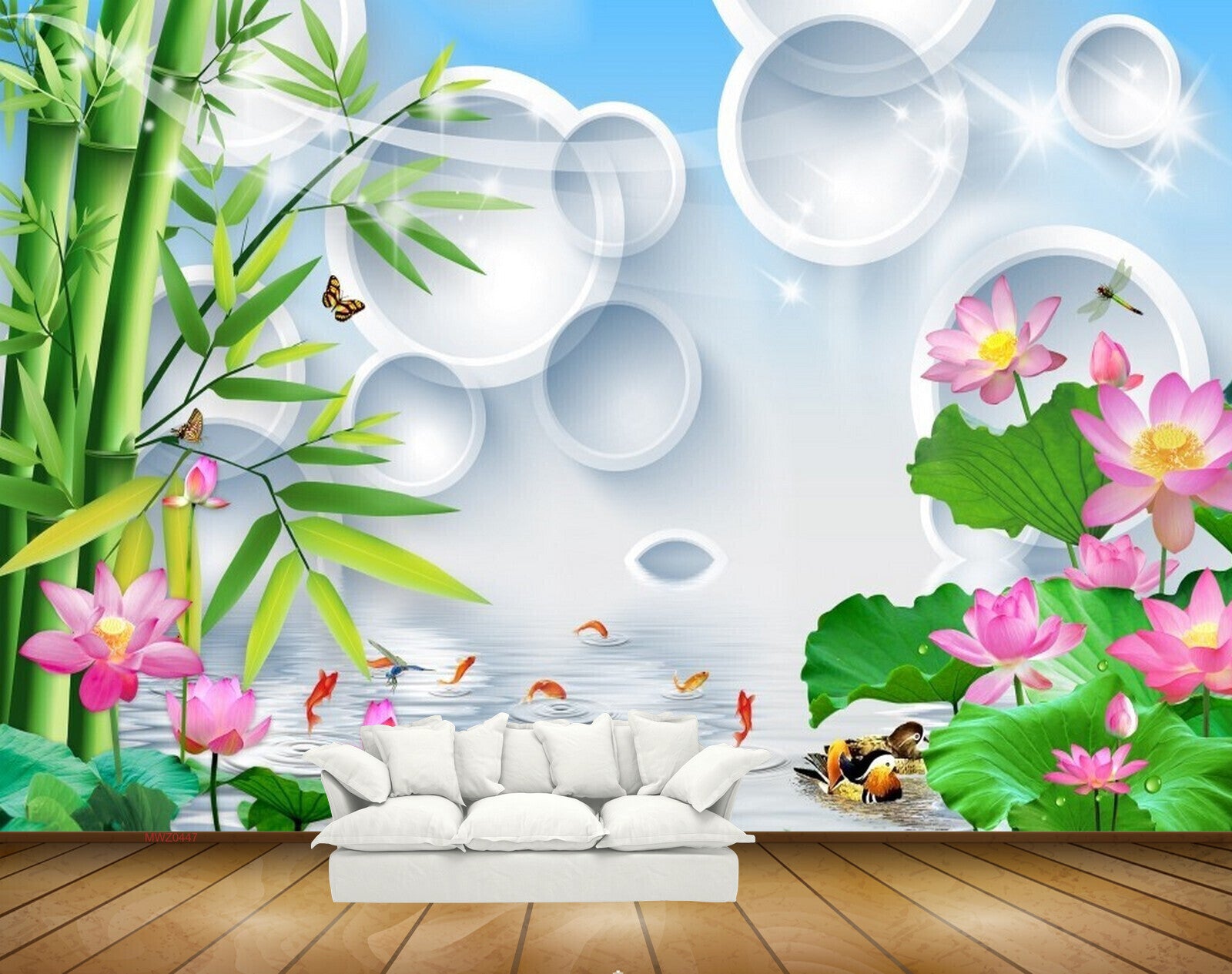 Avikalp MWZ0447 Pink Lotus Flowers Fishes Trees Butterflies Ducks 3D HD Wallpaper