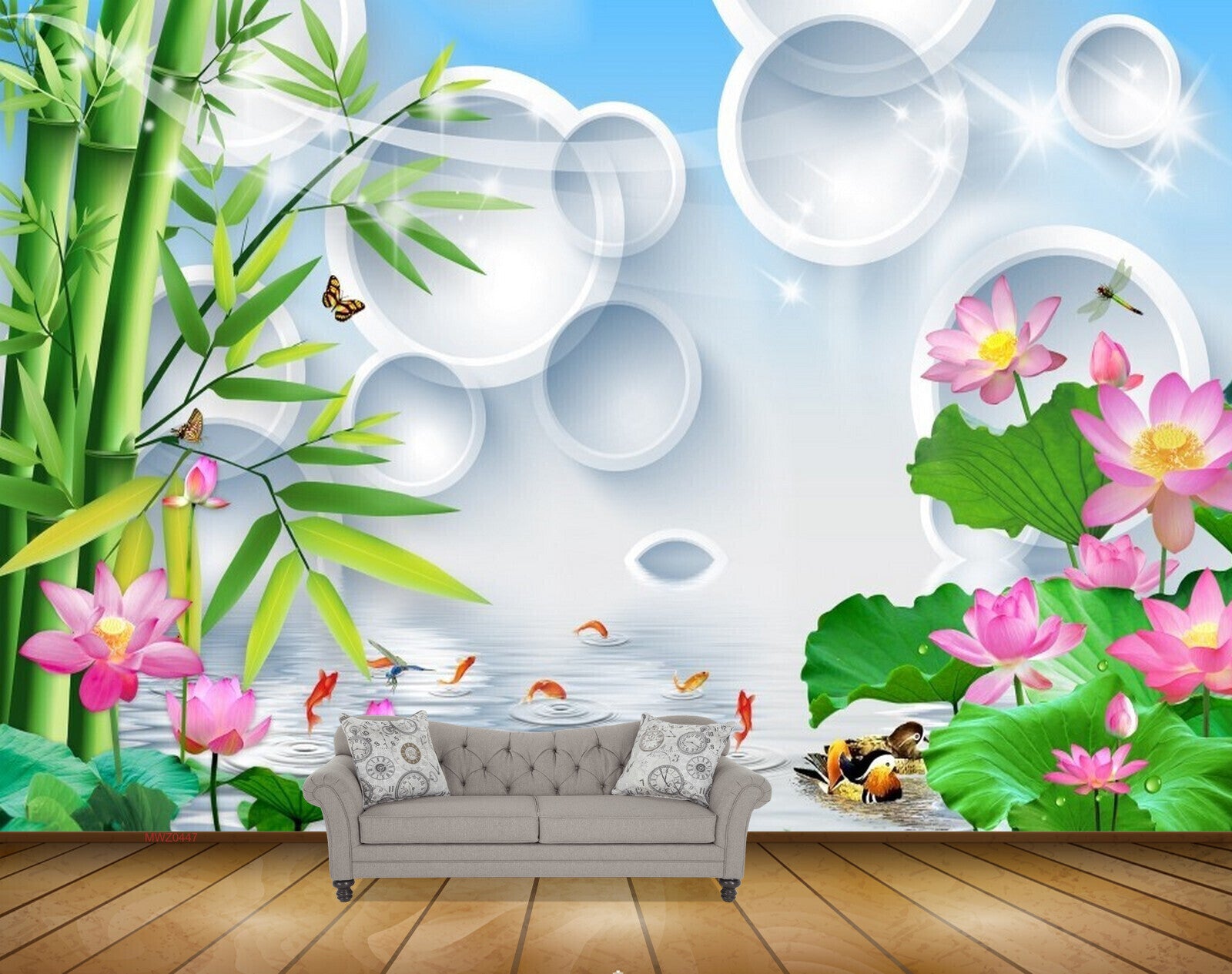 Avikalp MWZ0447 Pink Lotus Flowers Fishes Trees Butterflies Ducks 3D HD Wallpaper