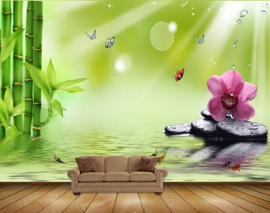 Avikalp MWZ0448 Pink Flower Stones Butterflies Fishes Trees HD Wallpaper