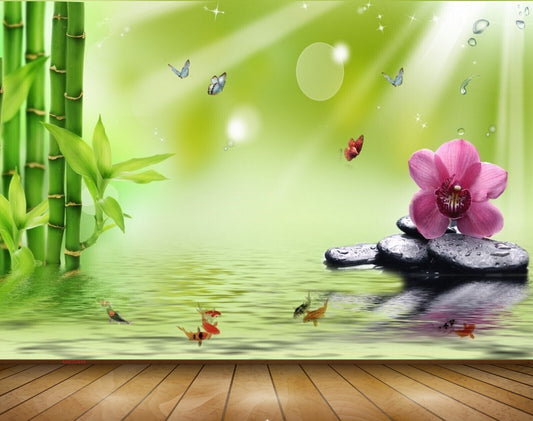 Avikalp MWZ0448 Pink Flower Stones Butterflies Fishes Trees 3D HD Wallpaper