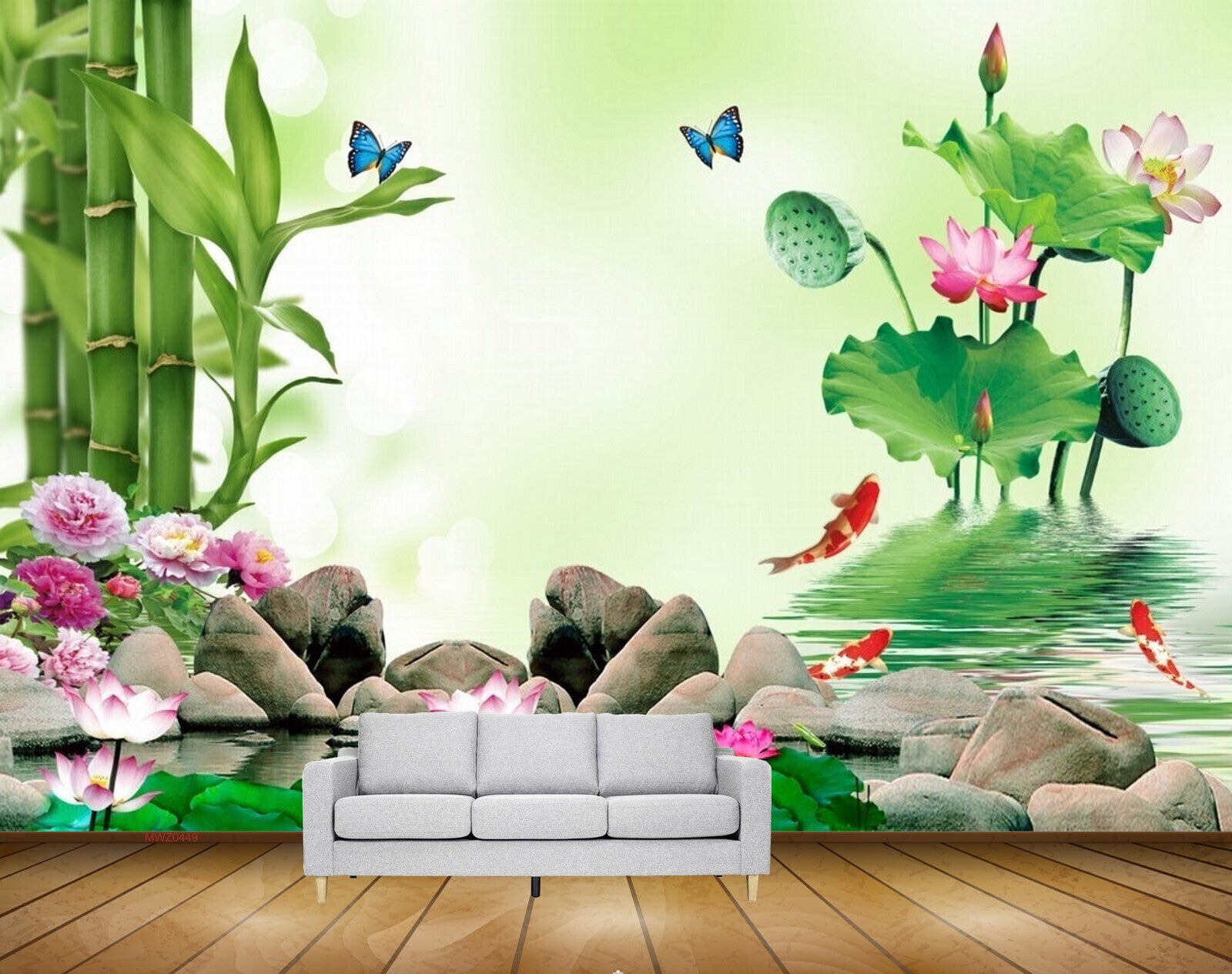 Avikalp MWZ0449 Pink Flowers Fishes Tress Stones HD Wallpaper
