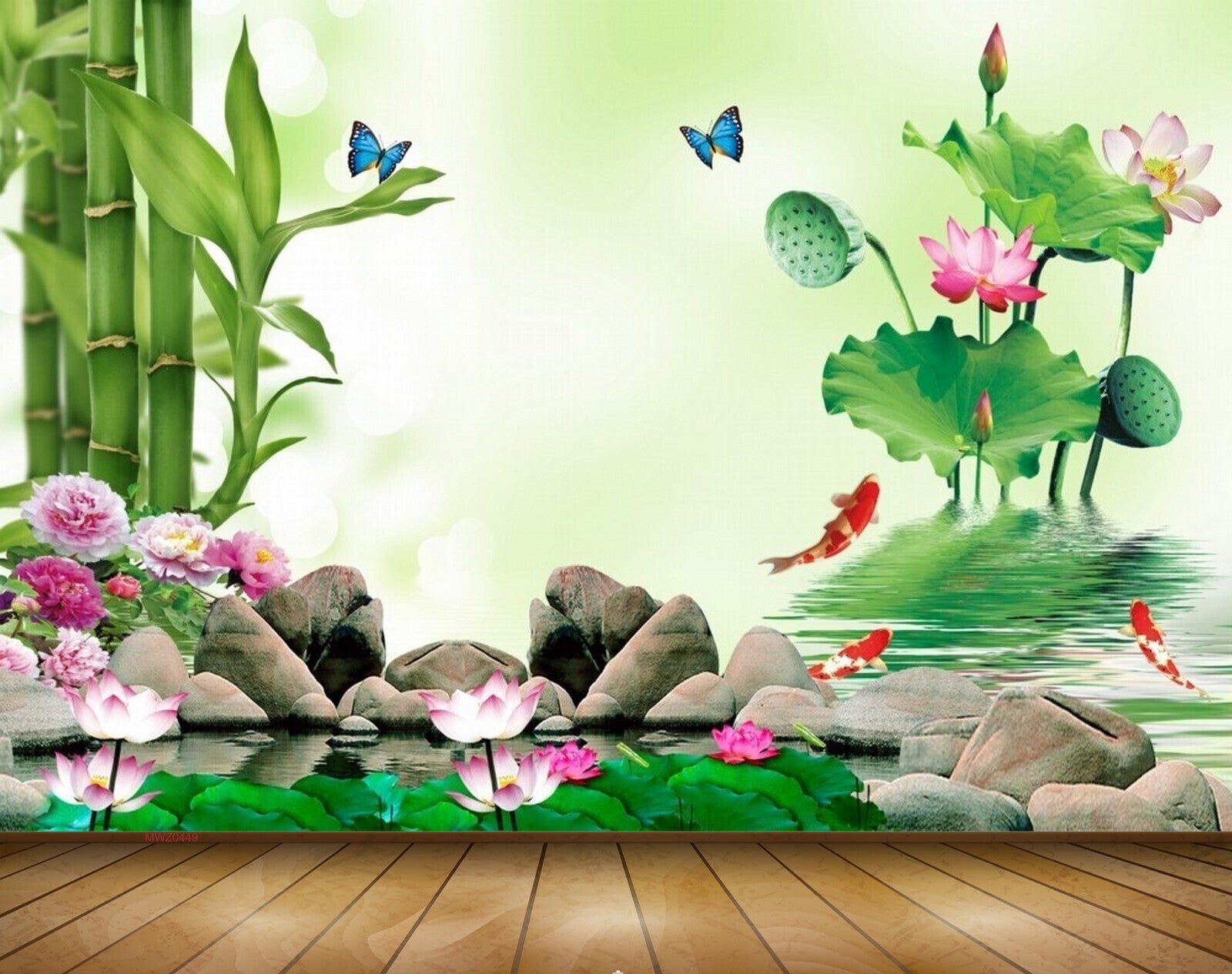 Avikalp MWZ0449 Pink Flowers Fishes Tress Stones 3D HD Wallpaper