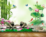 Avikalp MWZ0449 Pink Flowers Fishes Tress Stones 3D HD Wallpaper