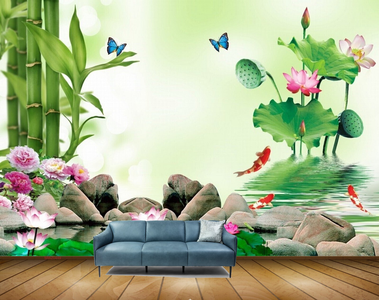 Avikalp MWZ0449 Pink Flowers Fishes Tress Stones 3D HD Wallpaper