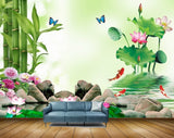 Avikalp MWZ0449 Pink Flowers Fishes Tress Stones 3D HD Wallpaper