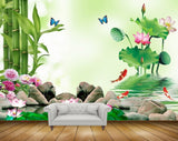 Avikalp MWZ0449 Pink Flowers Fishes Tress Stones 3D HD Wallpaper