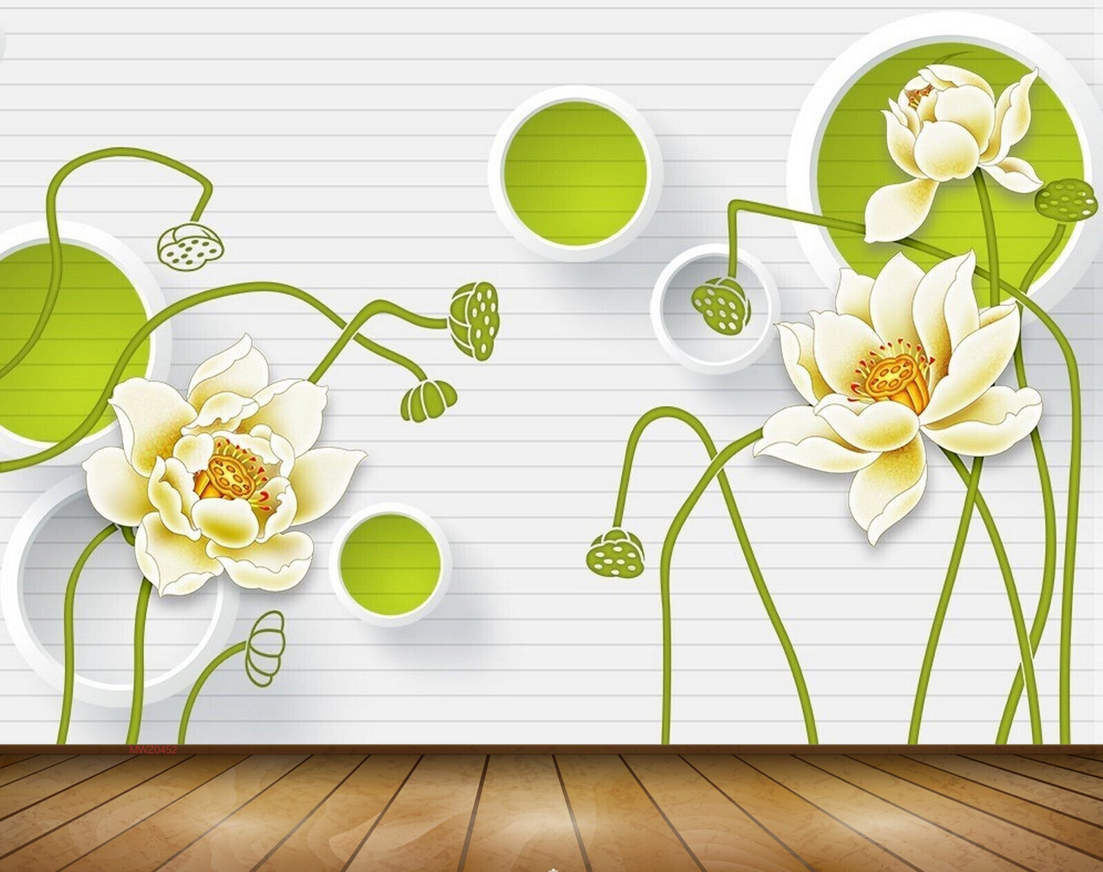 Avikalp MWZ0452 White Green Flowers 3D HD Wallpaper