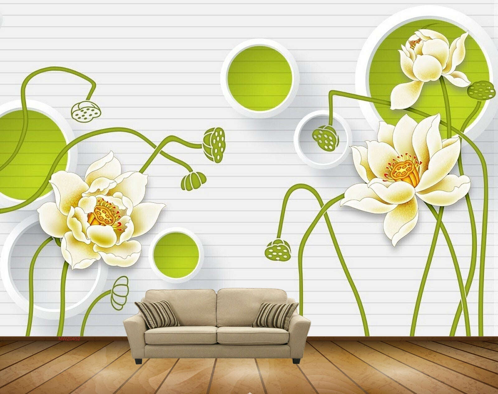 Avikalp MWZ0452 White Green Flowers 3D HD Wallpaper