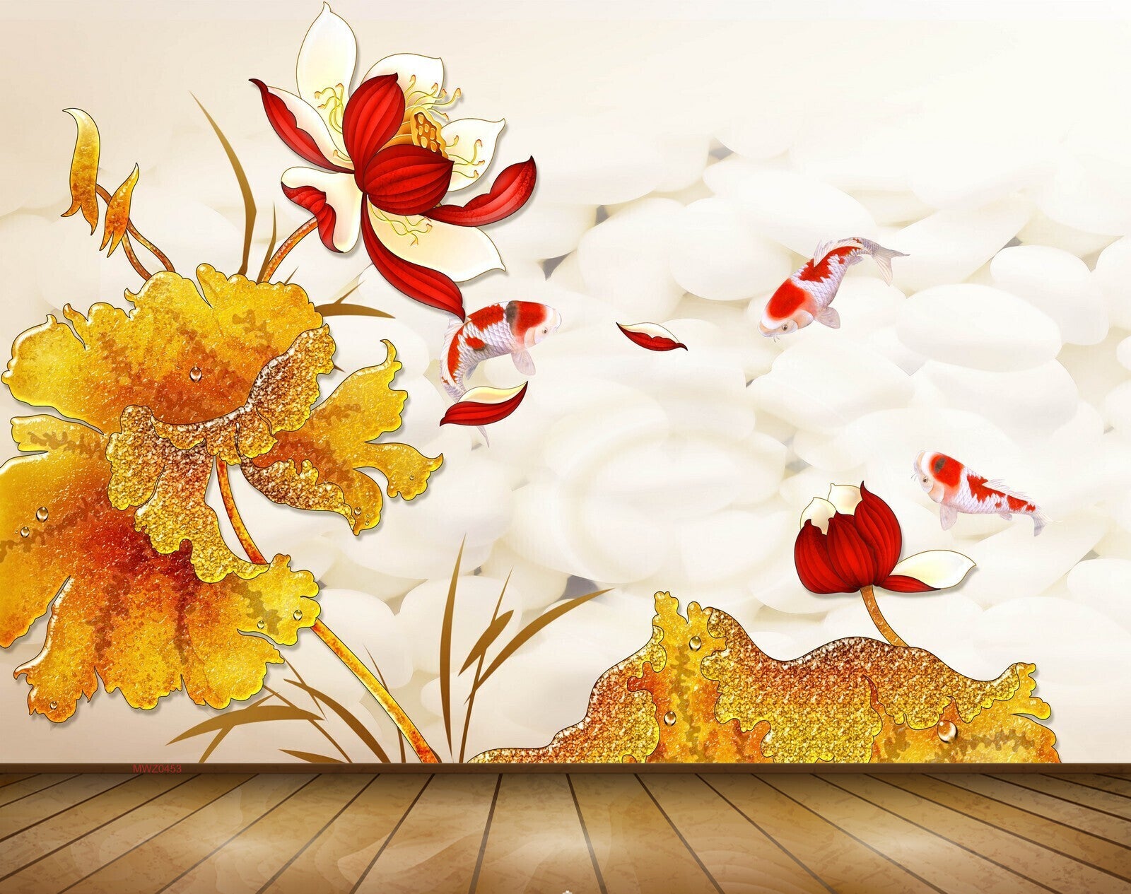 Avikalp MWZ0453 Red White Yellow Flowers Orange Leaves 3D HD Wallpaper