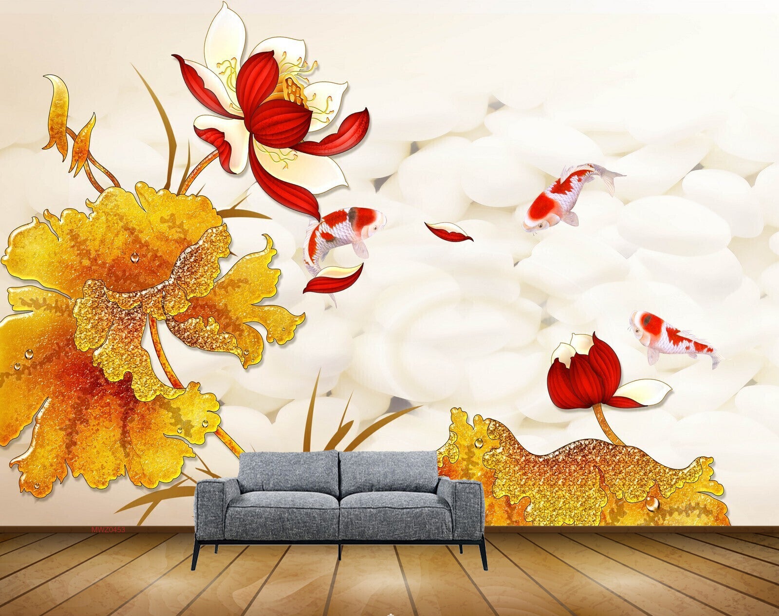 Avikalp MWZ0453 Red White Yellow Flowers Orange Leaves 3D HD Wallpaper