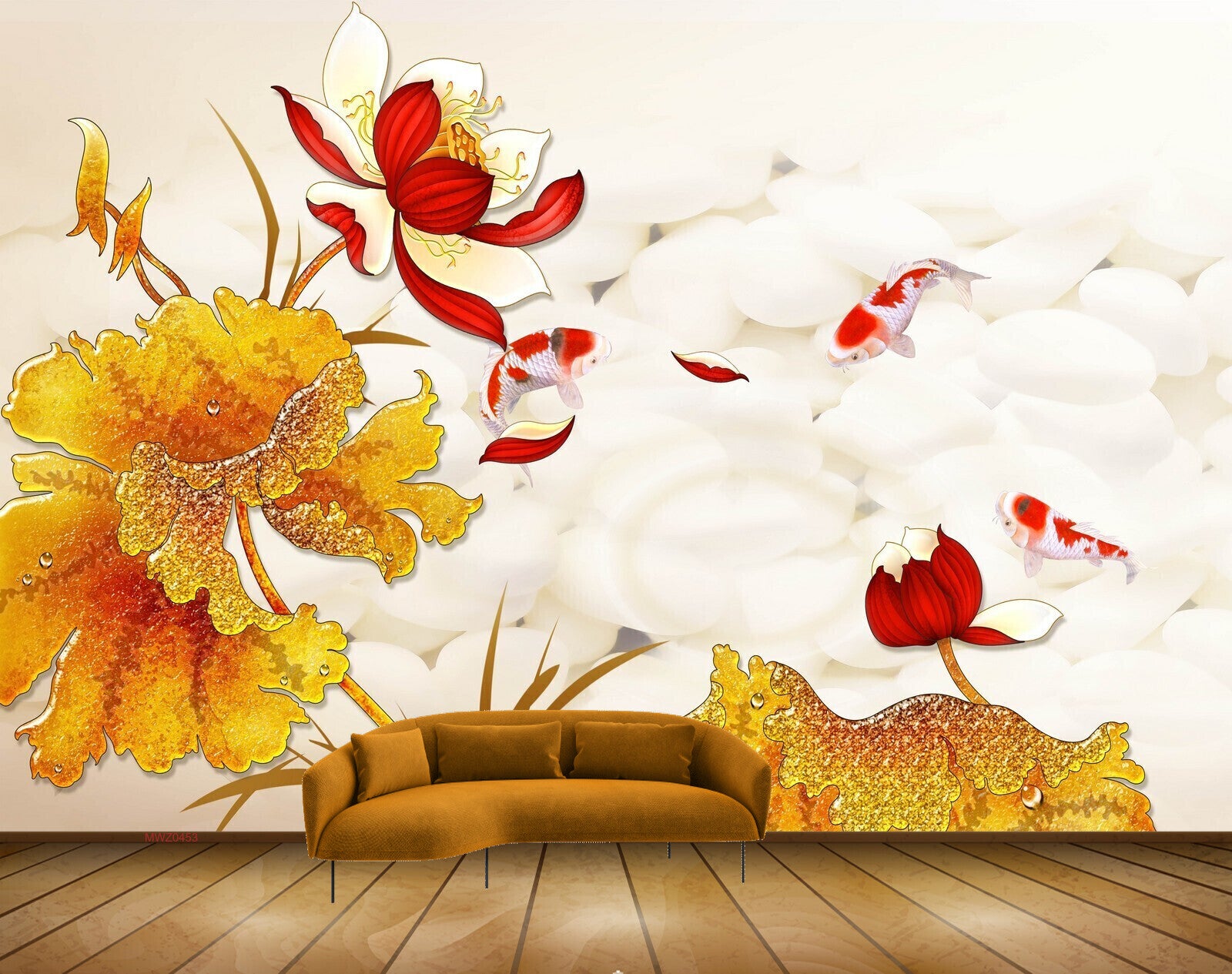 Avikalp MWZ0453 Red White Yellow Flowers Orange Leaves 3D HD Wallpaper