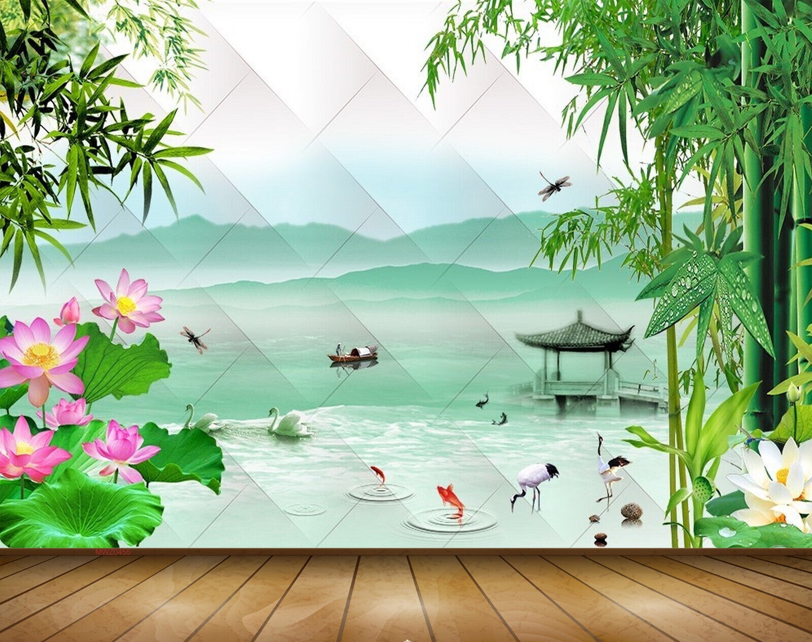Avikalp MWZ0455 Pink White Lotus Flowers Fishes Flies Swans River 3D HD Wallpaper