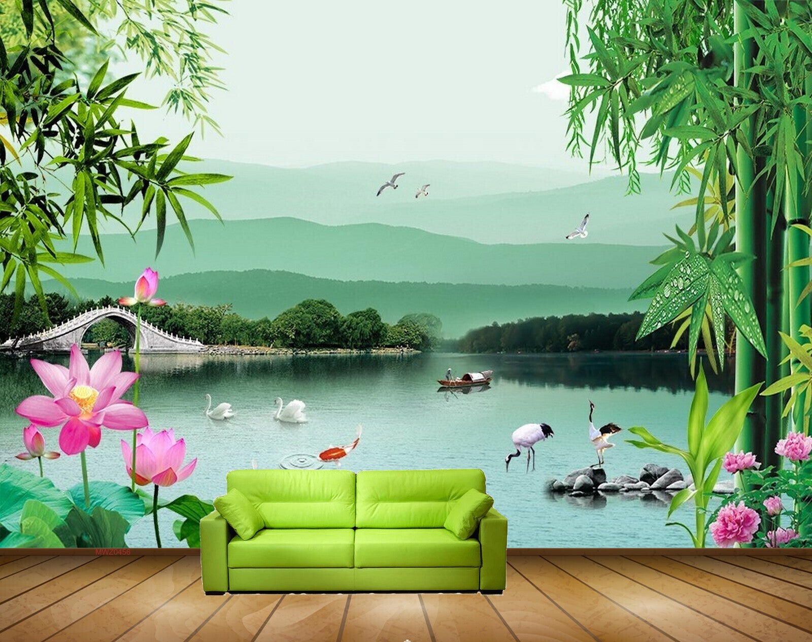 Avikalp MWZ0456 Pink Lotus Flowers Trees Swans Ducks River Birds 3D HD Wallpaper
