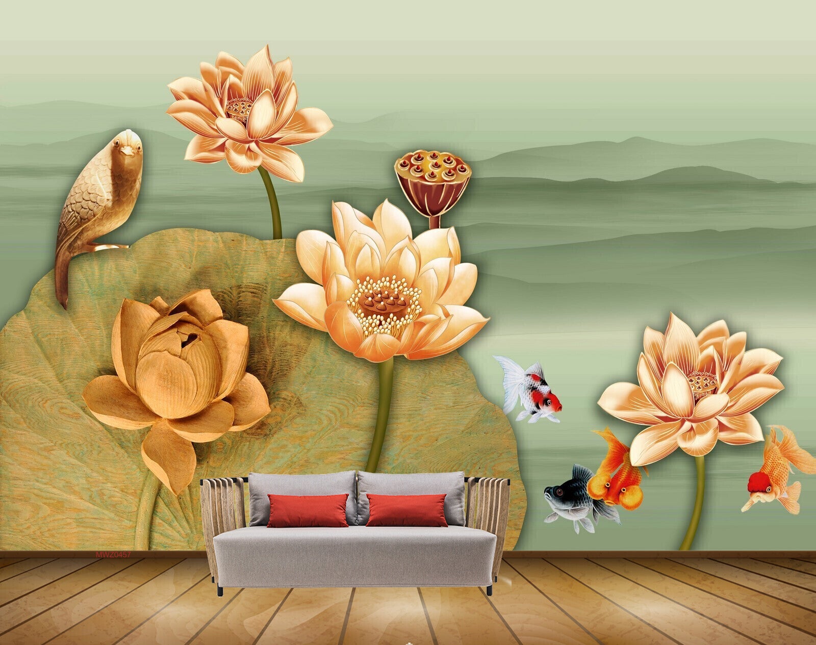 Avikalp MWZ0457 Orange Flowers Bird Fishes 3D HD Wallpaper