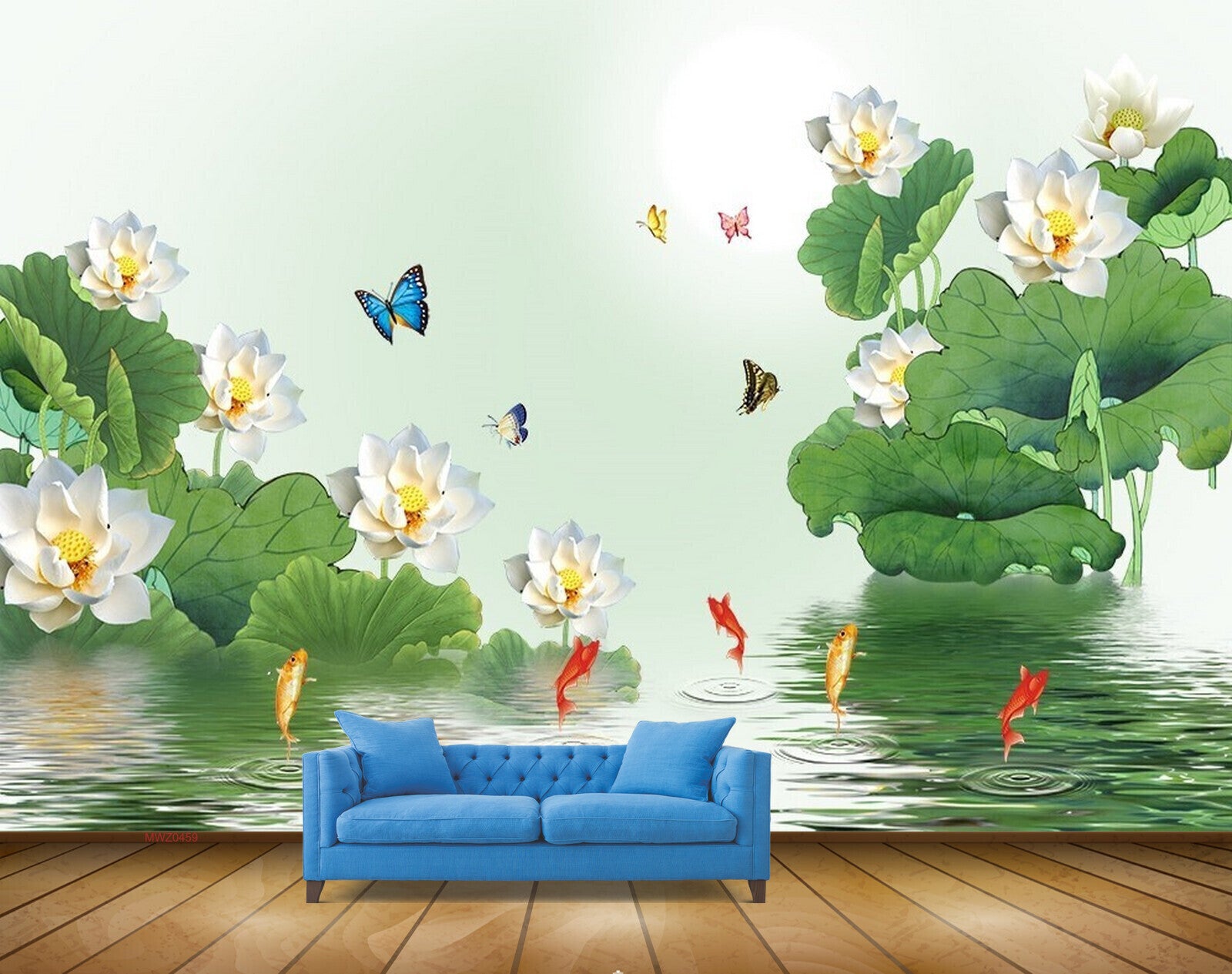 Avikalp MWZ0459 White Flowers Butterflies Fishes 3D HD Wallpaper