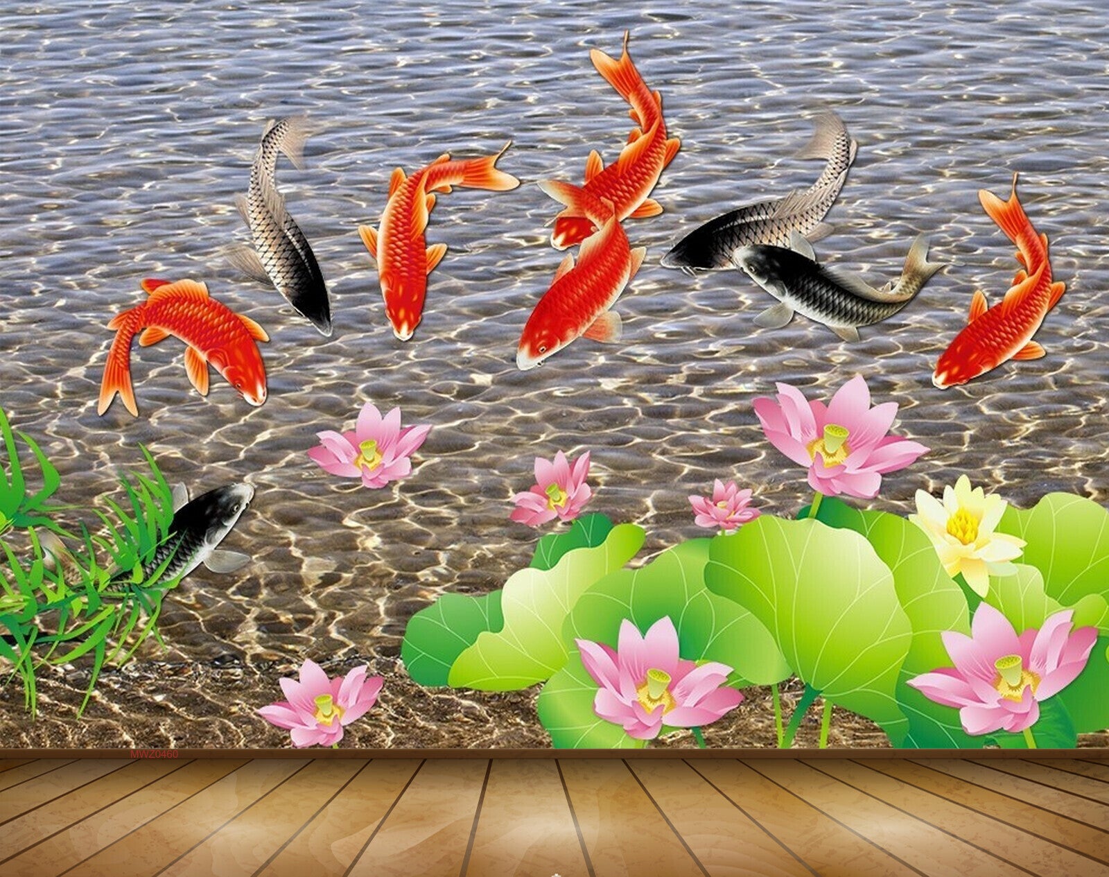 Avikalp MWZ0460 Pink Lotus Flowers Fishes 3D HD Wallpaper