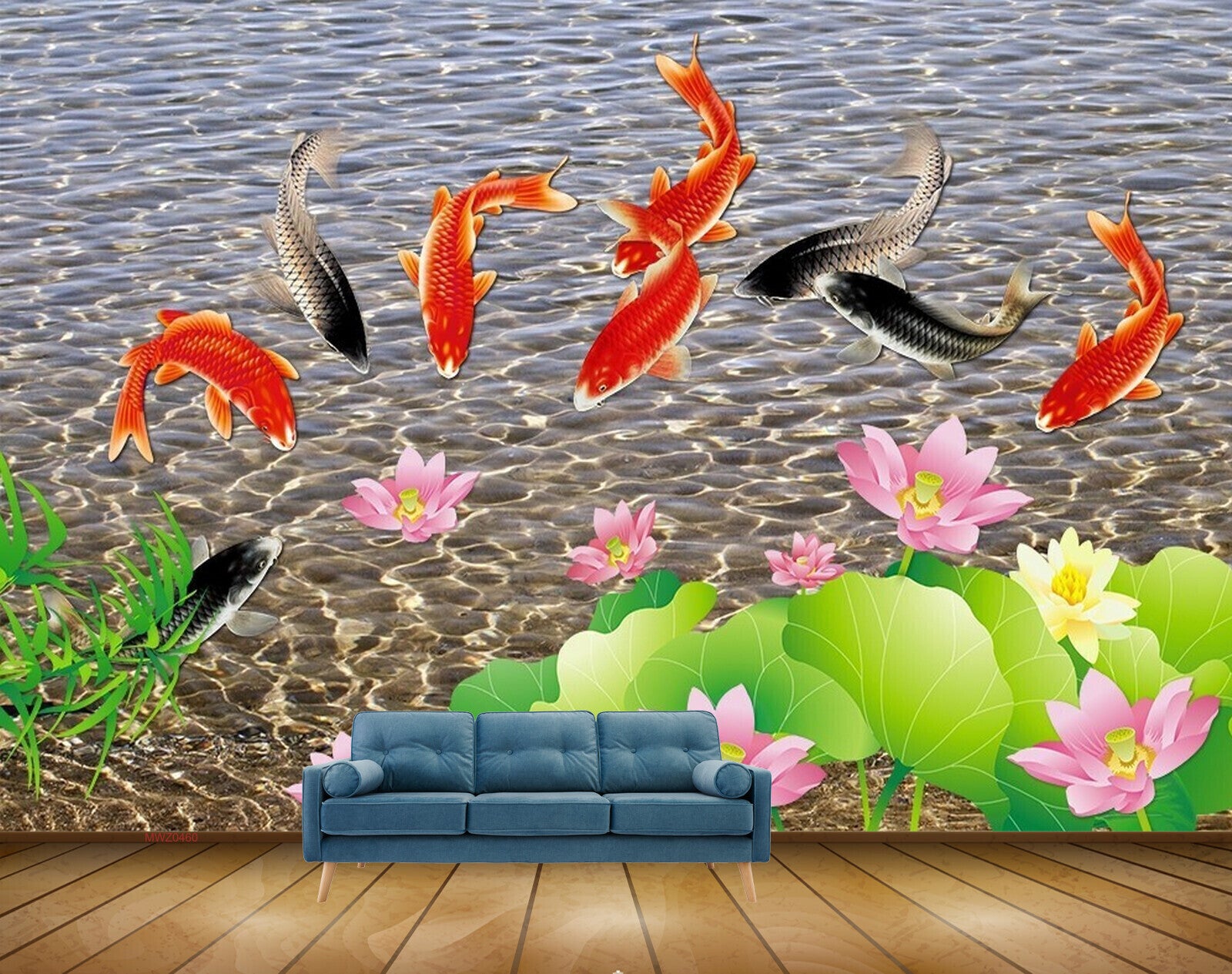 Avikalp MWZ0460 Pink Lotus Flowers Fishes 3D HD Wallpaper