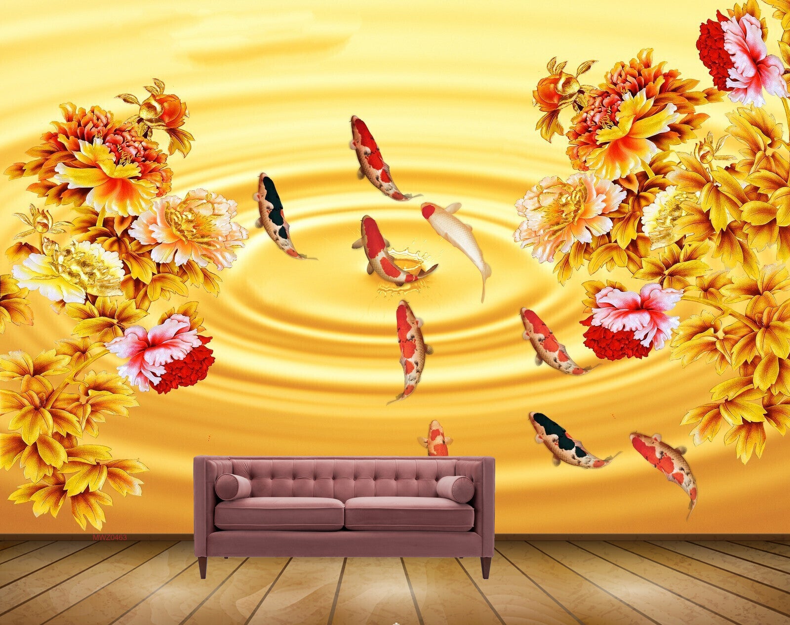 Avikalp MWZ0463 Orange Red Flowers Fishes HD Wallpaper