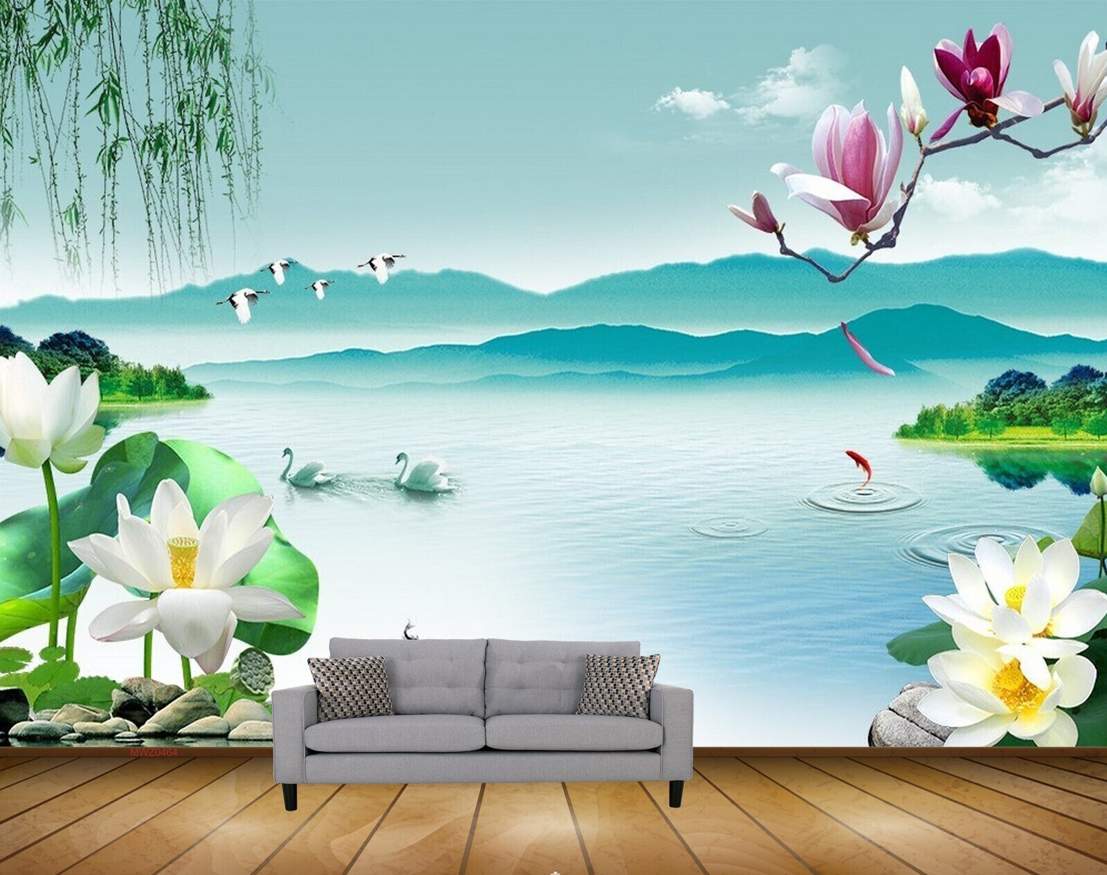 Avikalp MWZ0464 White Lotus Flowers Swans Birds Fishes River 3D HD Wallpaper